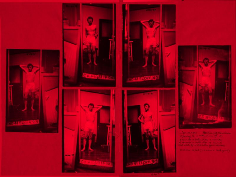 Photographs of a man posing in his underwear with a red overlay and accompanying descriptive text