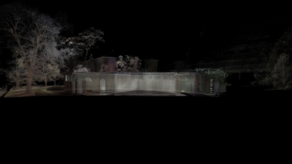 An architectural render of the Grainger Museum at night.