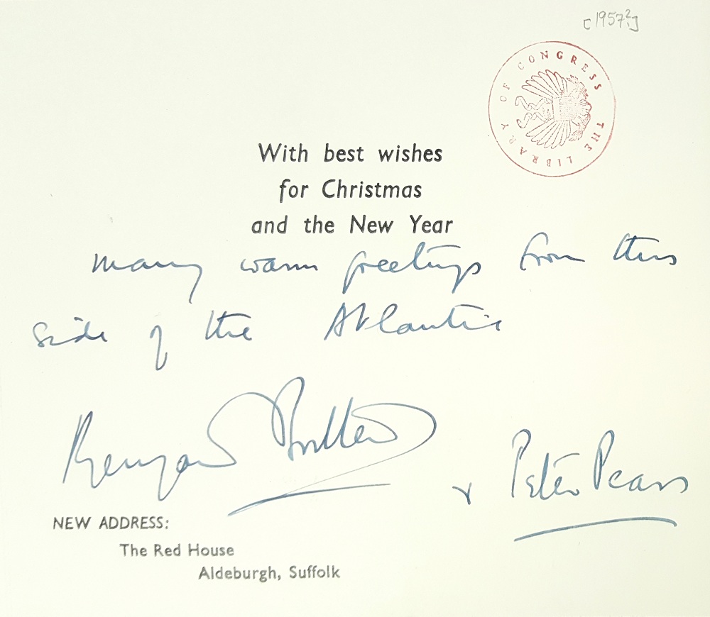 Inscription inside Christmas card from Britten and Pears, 1957