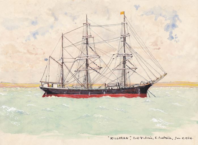 A watercolour painting of the ship 'Killoran', painted by Percy Grainger in 1934