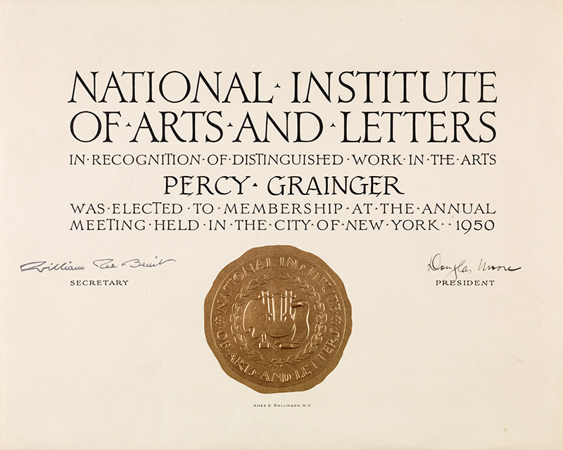 Award from the National Institute of Arts and Letters in recognition of Percy Grainger's distinguished work in the arts.