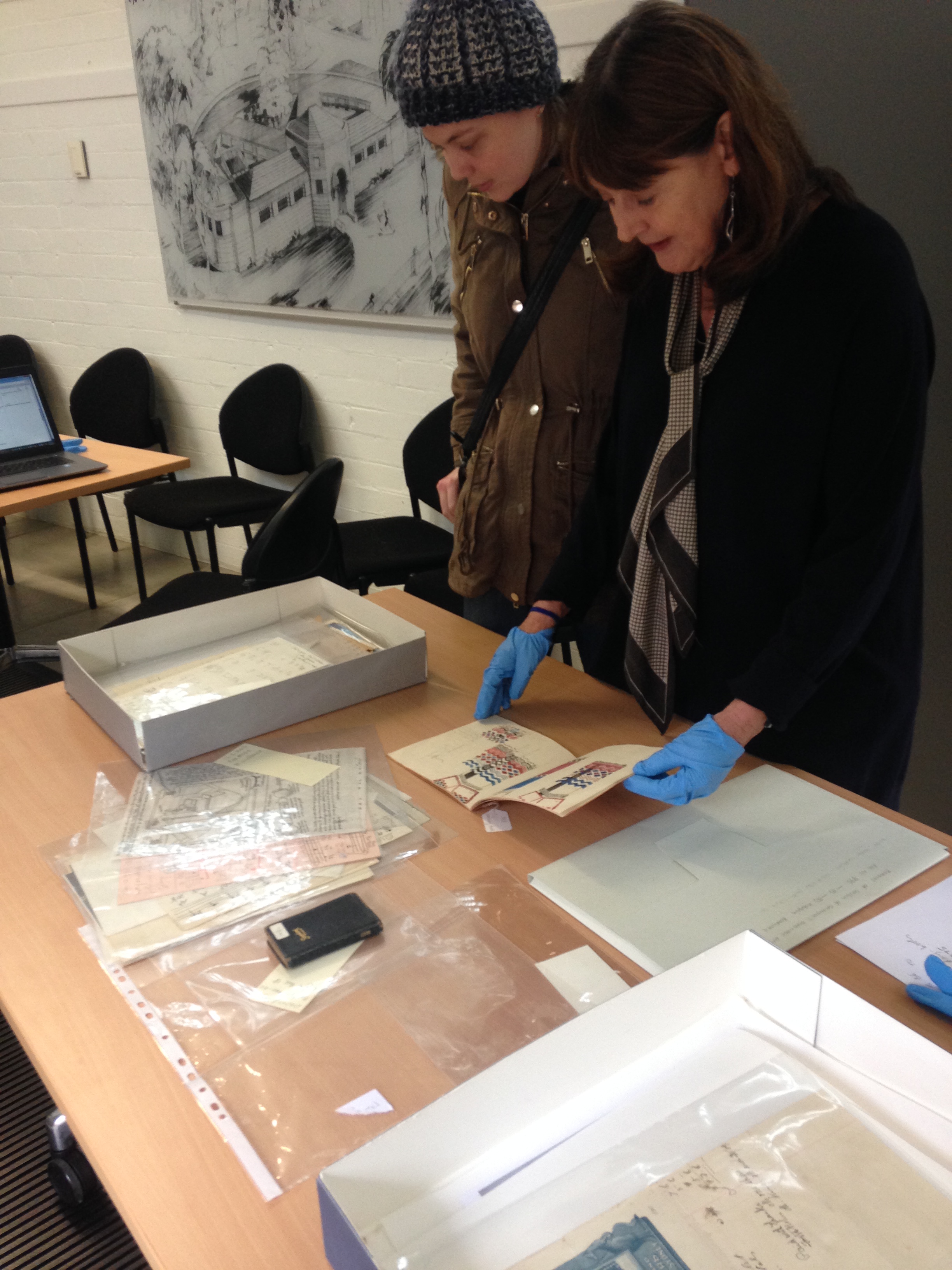 Prof Murphy with a research music student exploring Grainger’s designs for free music machines in the Grainger Museum seminar room