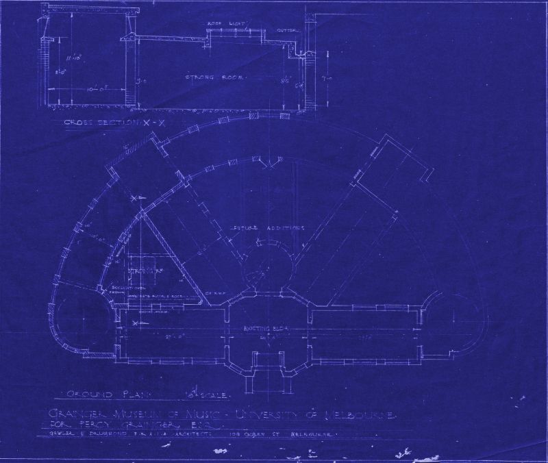 Architectural floor plan of museum building, with white markings on purple background