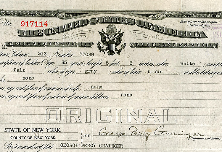 Detail of Grainger's certificate of naturalization from the United States Department of Labor.