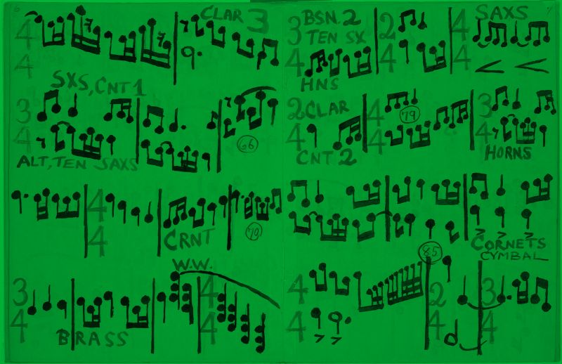 Music notes and notations on a green background