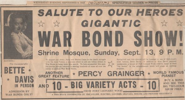A newspaper advertisement for a War Bond Show