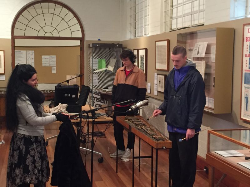 Image of students recording the sound of Percussion instruments at the Grainger Museum