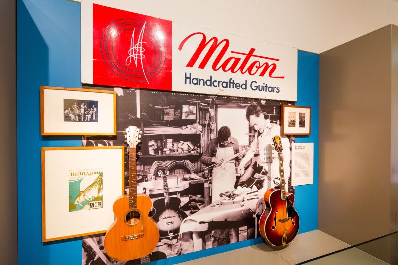A display of guitars and paraphernalia relating to Maton guitars. 