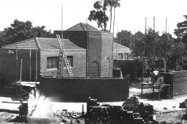 Grainger Museum during construction in black and white